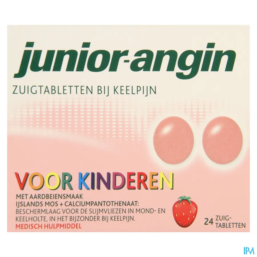 packshot van Junior-Angin met Aardbeiensmaak voor Keelpijn bij Kinderen 24 Zuigtabletten