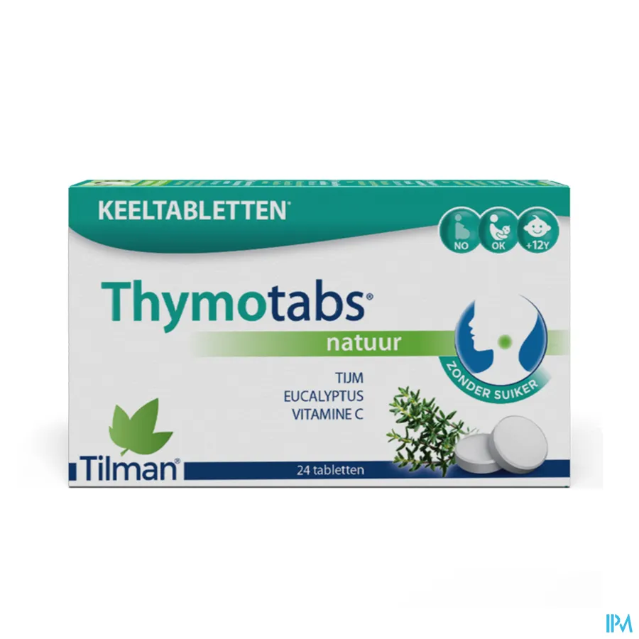 packshot van Thymotabs Natuur met Tijm en Eucalyptus en Vitamine C voor Keel Zonder Suiker 24 Zuigtabletten