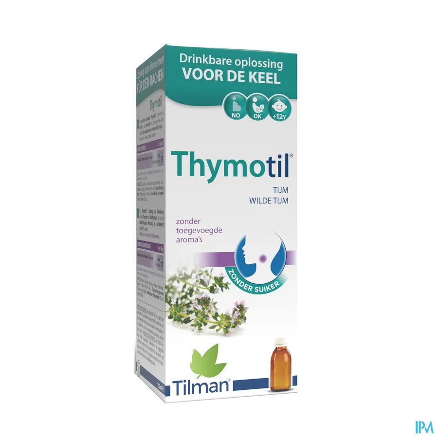 packshot van Thymotil Keelsiroop Zonder Suiker op basis van Tijm en Wilde Tijm 150 ml