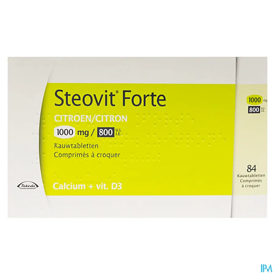 packshot van Steovit Forte 1000 mg Calcium + 800 IE Vitamine D3 Citroensmaak 84 Kauwtabletten
