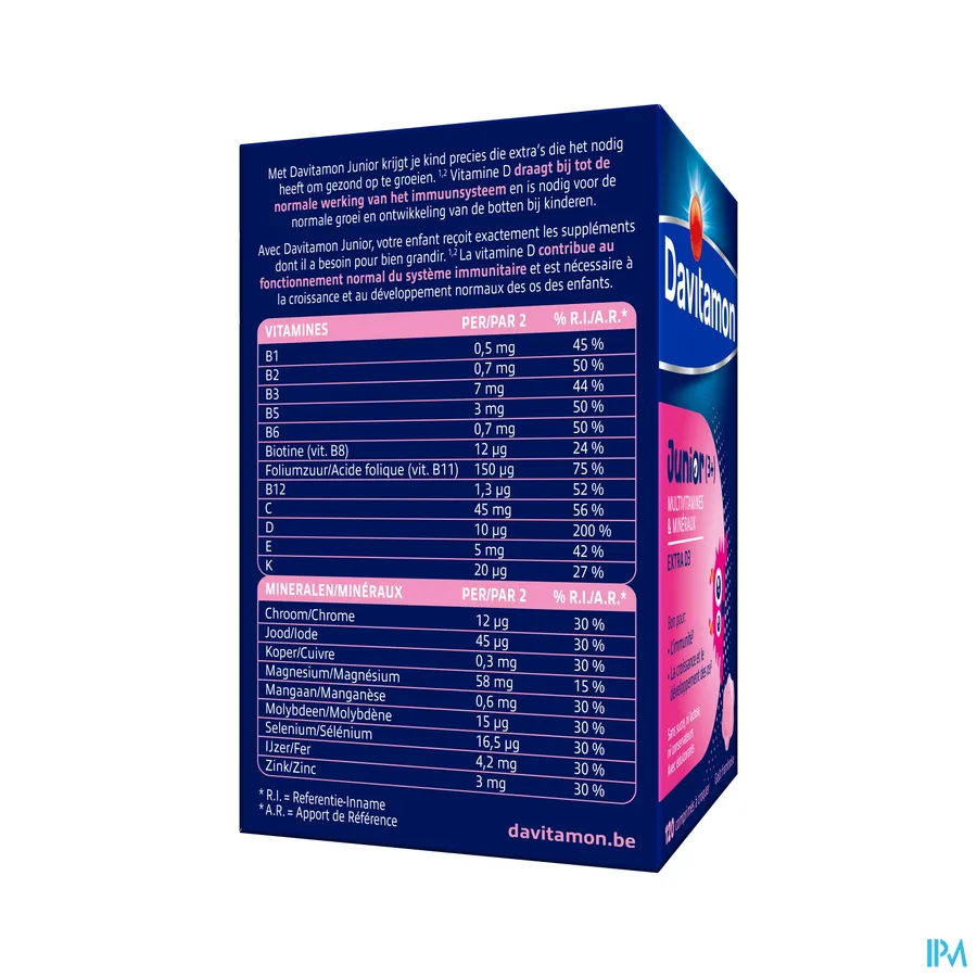 packshot van Davitamon Junior framboos 120 kauwtabletten