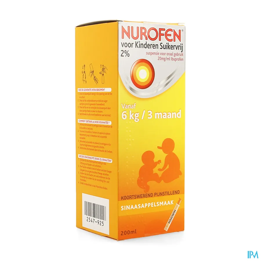 packshot van Nurofen Kind Suikervrije Siroop 2 % Sinaasappelsmaak 200 ml