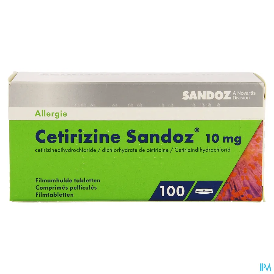 packshot van Cetirizine Sandoz 10 mg 100 tabletten
