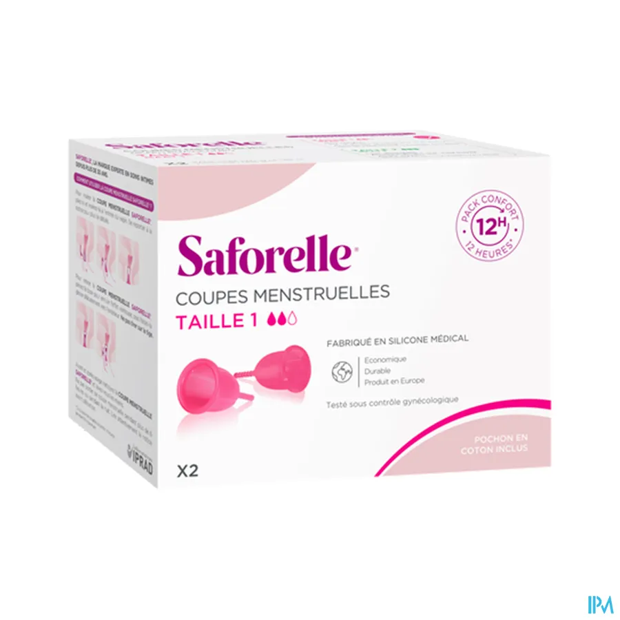 packshot van Saforelle Cup Protect - Comfortpakket voor 12 Uur met 2 Menstruatiecups en 1 Houder voor Sterilisatie en Transport - Maat 1