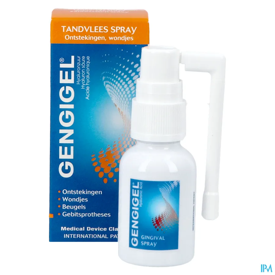 productshot van Gengigel Tandvlees Spray met Hyaluronzuur bij Ontstekingen, Wondjes, Beugels en Gebitsprotheses 20 ml