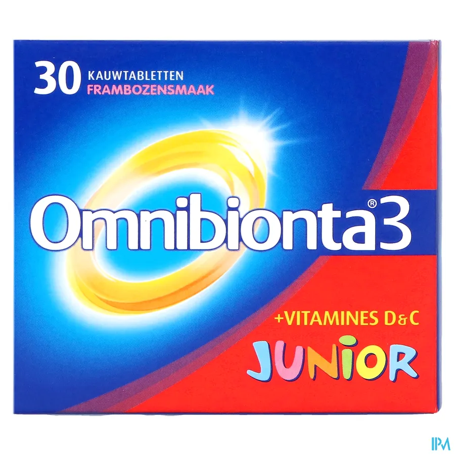 packshot van Omnibionta 3 Junior Vitamines en Mineralen met Frambozensmaak 30 Tabletten