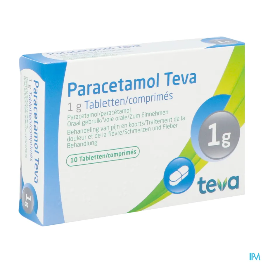 packshot van Paracetamol Teva 1 g 10 tabletten