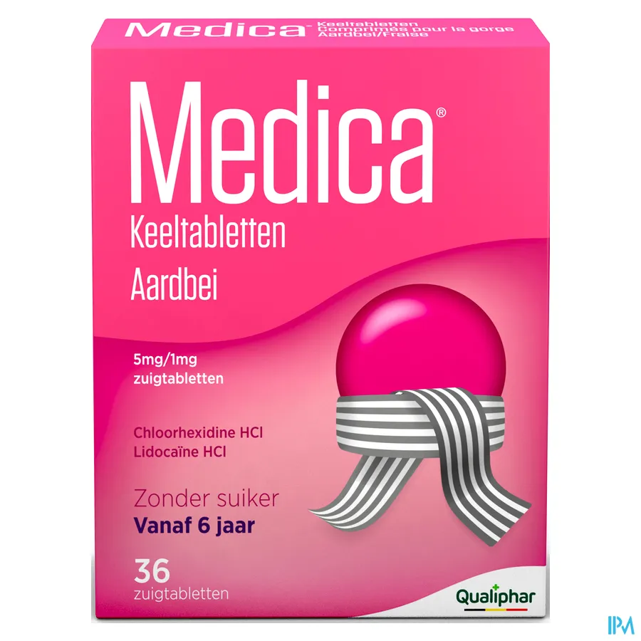 packshot van Medica Keeltabletten Aardbei 36 zuigtabletten