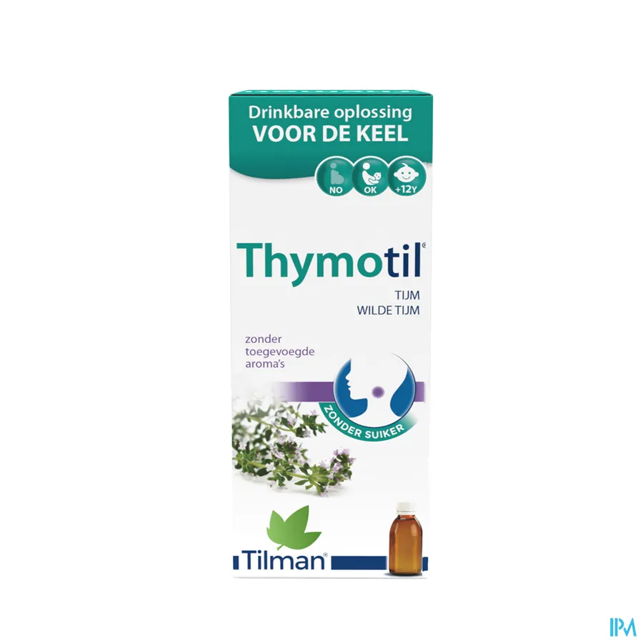 packshot van Thymotil Keelsiroop Zonder Suiker op basis van Tijm en Wilde Tijm 150 ml