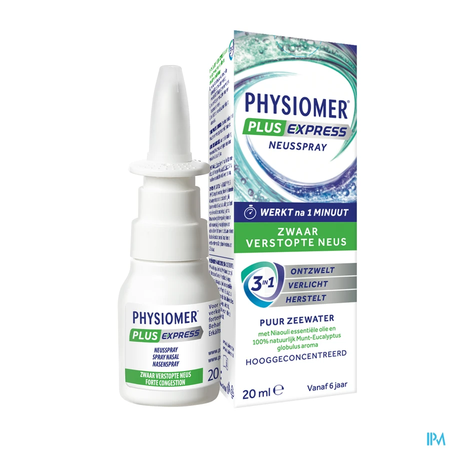 productshot van Physiomer Express tegen Neusverstopping met Hypertonisch Zeewater en Essentiële Oliën Spray 20 ml