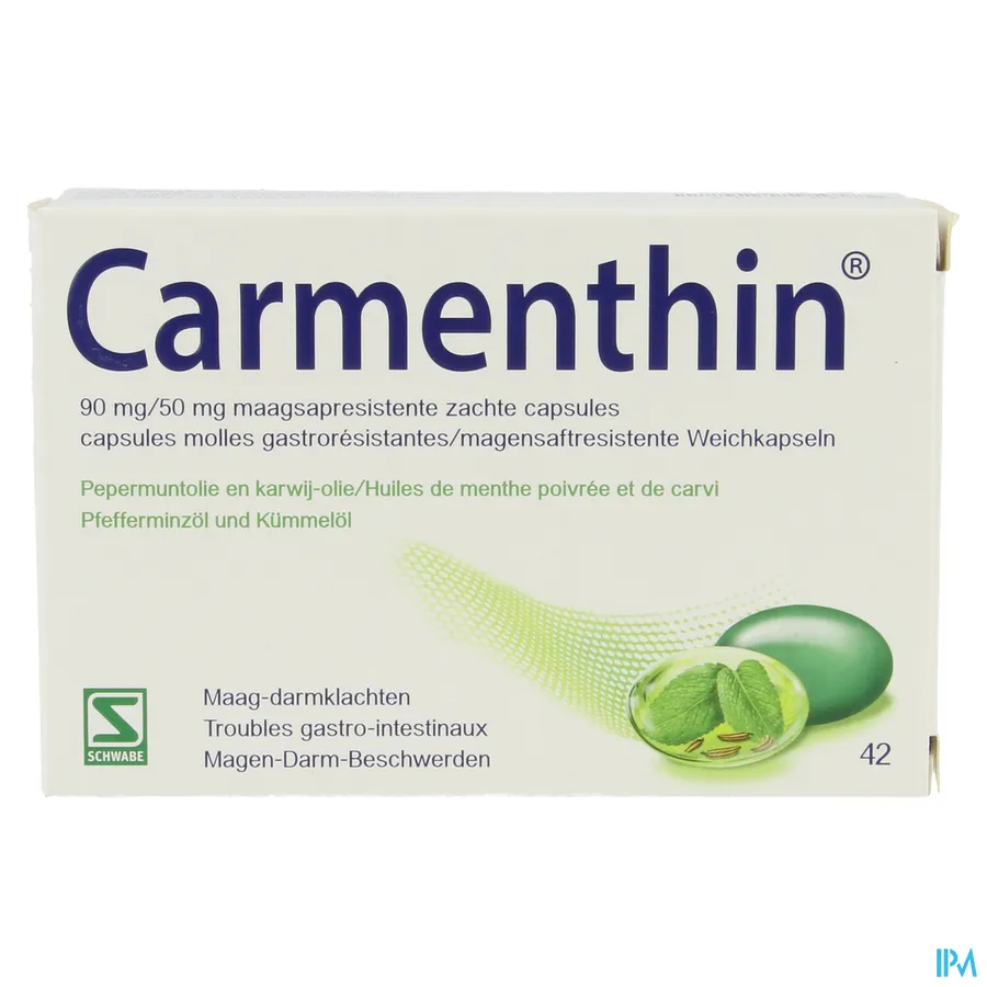 packshot van Carmenthin met Pepermuntolie en Karwij-Olie bij Maag-Darmklachten 42 Maagsapresistente Zachte Capsules