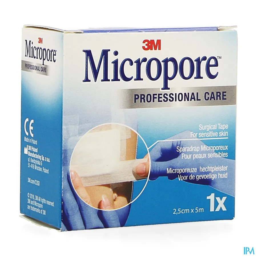 packshot van Micropore Medische Hechtpleister Wit Navulling voor de Gevoelige Huid 2,5 cm x 5 m