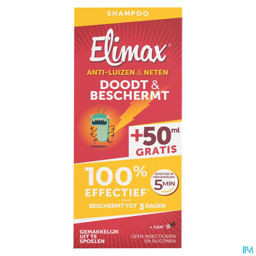 packshot van Elimax 2-in-1 Dodende en Beschermende Anti-Luizen en Anti-Neten Shampoo Zonder Insecticide Promopack 250 ml met Gratis Kam