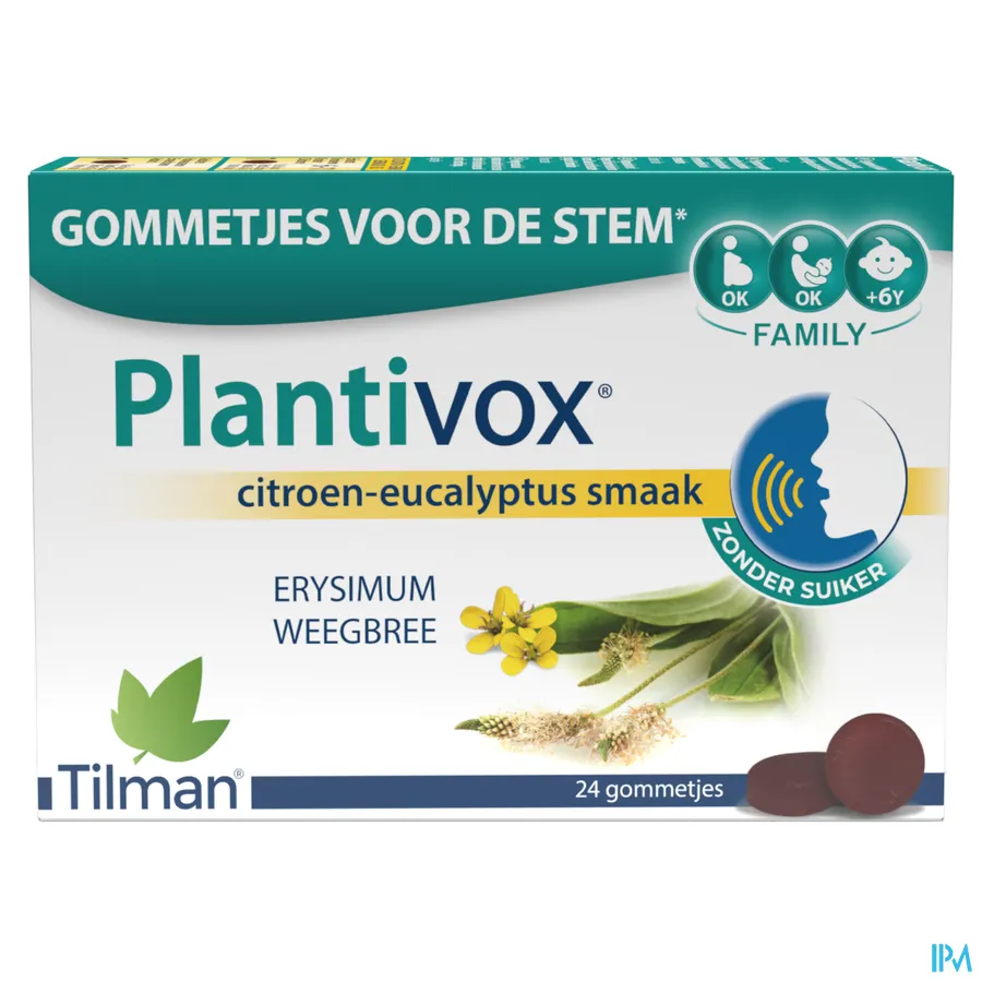packshot van Plantivox Gommetjes voor de Stem met Erysimum en Weegbree Citroen-Eucalyptussmaak 24 Stuks