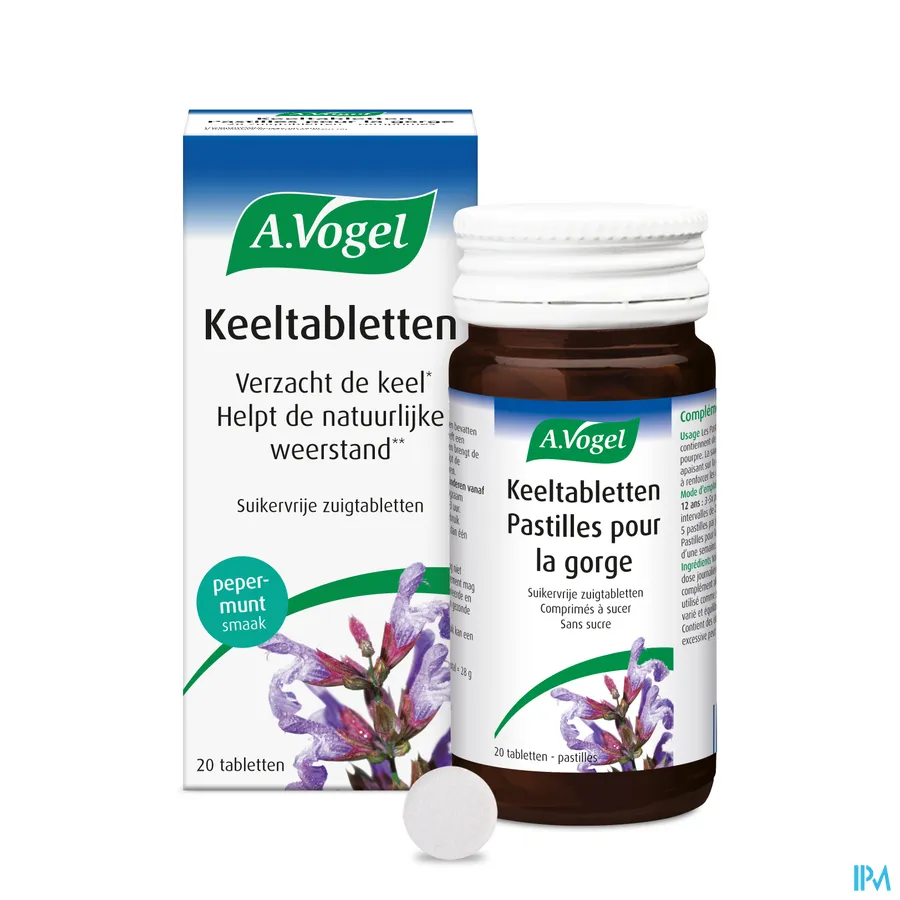 productshot van A. Vogel Keeltabletten voor Verzachting van de Keel en Hulp voor de Natuurlijke Weerstand - Suikervrije Zuigtabletten met Pepermuntsmaak 20 Stuks