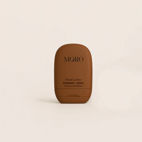 Moro Mini Hand & Body Lotion Starterkit | Rosemary & Cedar | Apothecary brown bottle pre-filled 50ml