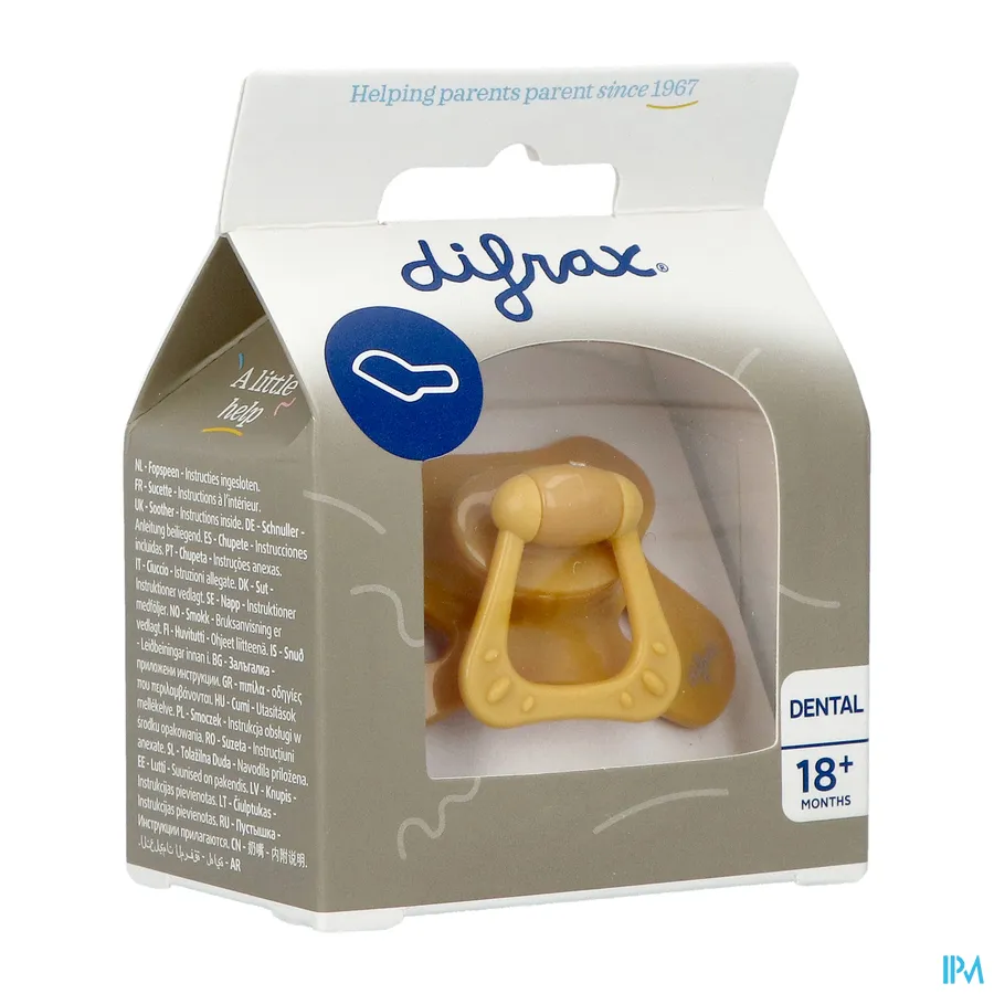 packshot van Difrax Fopspeen Dental +18m Uni/pure Geel/honey