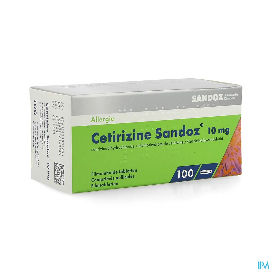 packshot van Cetirizine Sandoz 10 mg 100 tabletten