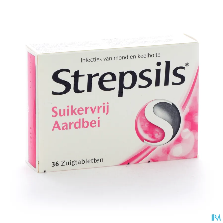packshot van Strepsils Aardbei Suikervrij 36 zuigtabletten