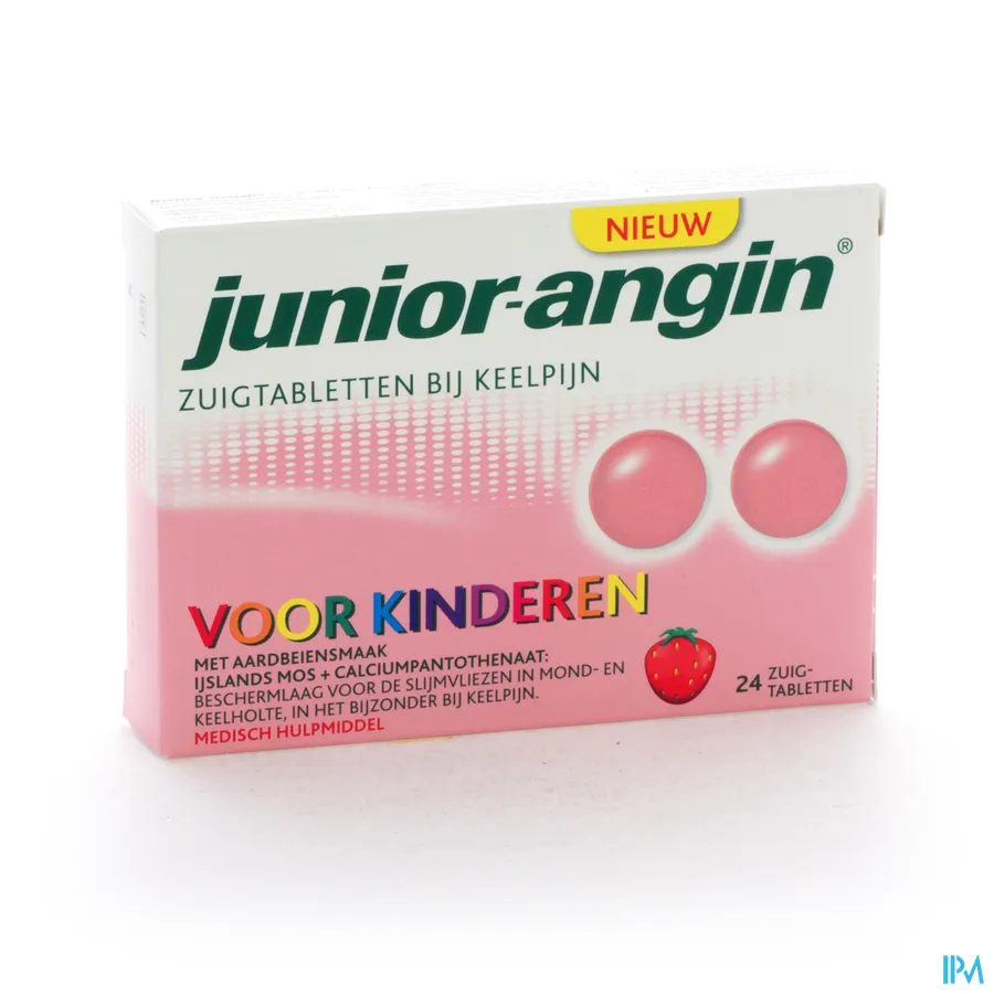 packshot van Junior-Angin met Aardbeiensmaak voor Keelpijn bij Kinderen 24 Zuigtabletten