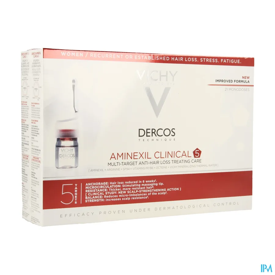 packshot van Vichy Dercos Aminexil Clinical 5 Vrouwen 21 ampullen