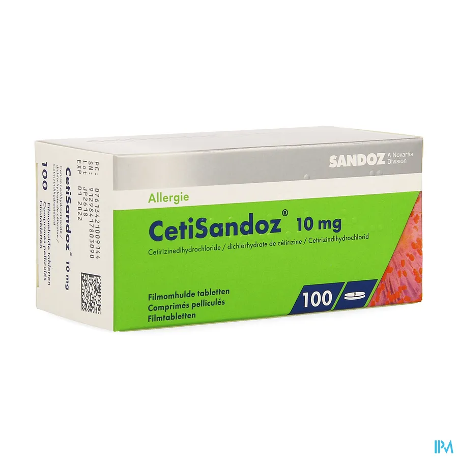 packshot van Cetirizine Sandoz 10 mg 100 tabletten