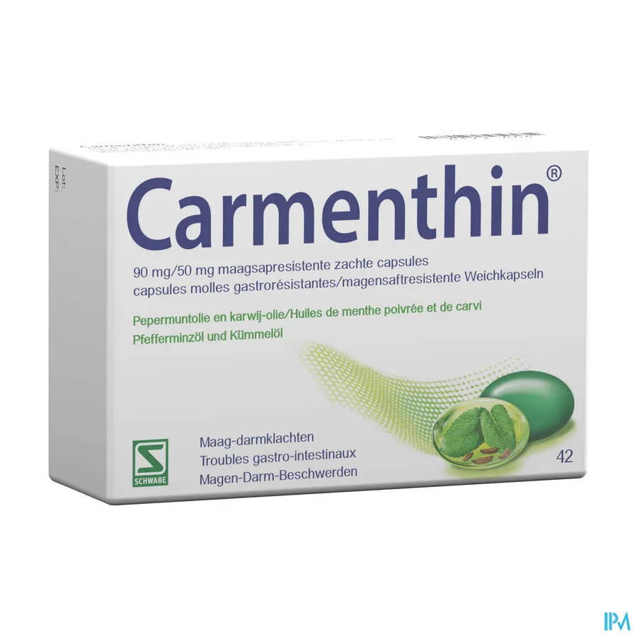 packshot van Carmenthin met Pepermuntolie en Karwij-Olie bij Maag-Darmklachten 42 Maagsapresistente Zachte Capsules