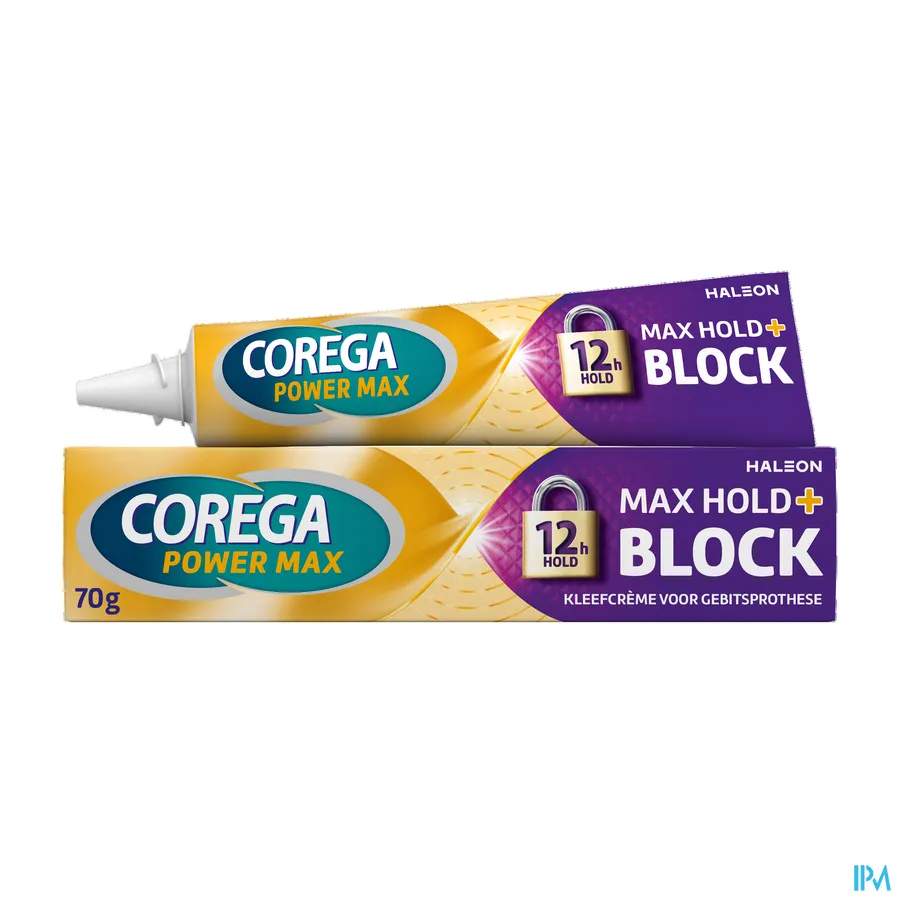 packshot van Corega Max Hold + Block Kleefcrème 70 g