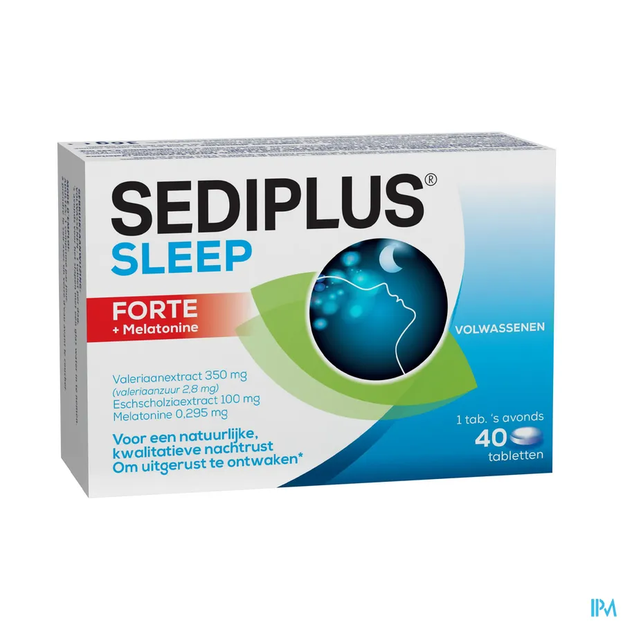 packshot van Sediplus Sleep Forte + Melatonine voor een Natuurlijke Kwalitatieve Nachtrust bij een Onrustige Slaap 40 Tabletten