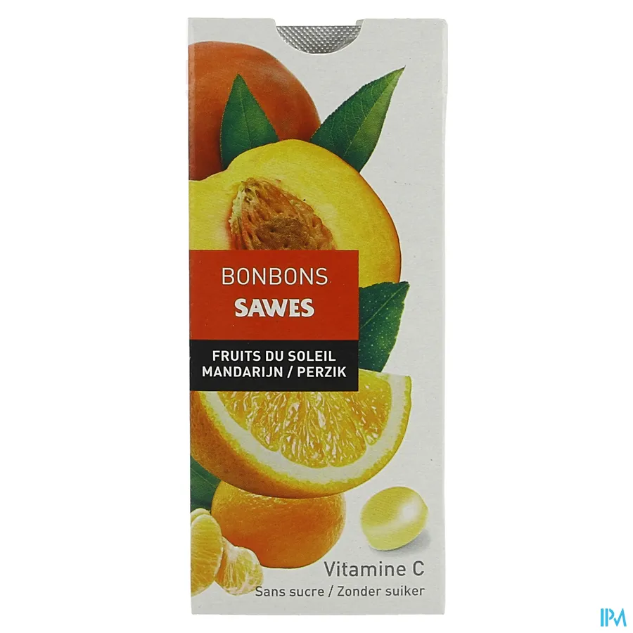 packshot van Sawes Mandarijn/Perzik Bonbons met Vitamine C zonder Suiker 10 Stuks