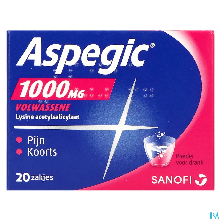 packshot van Aspégic 1000 mg bij Pijn en Koorts 20 Zakjes