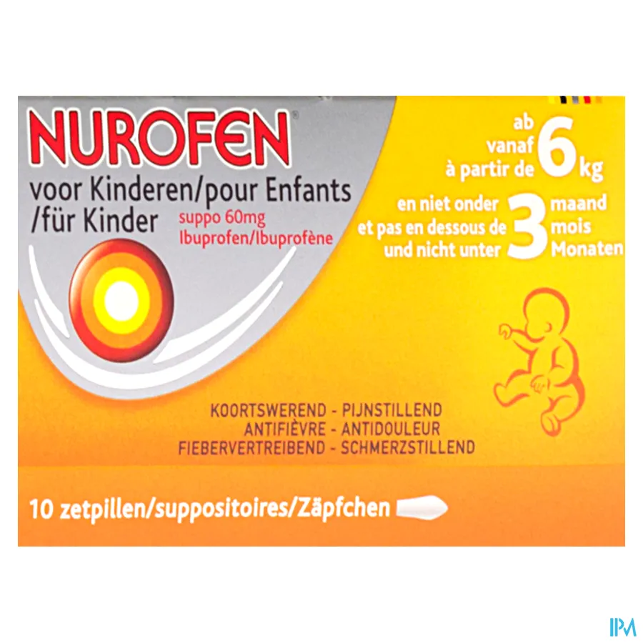 packshot van Nurofen 60 mg Suppo voor Kinderen vanaf 6 kg en Niet Onder 3 Maanden 10 Zetpillen