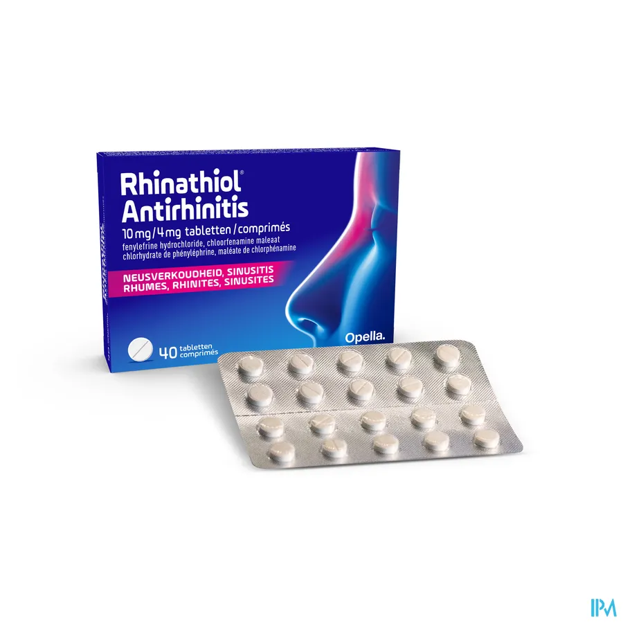 packshot van Rhinathiol Antirhinitis voor Verhelping van Verstopte Neus en Loopneus 40 Tabletten