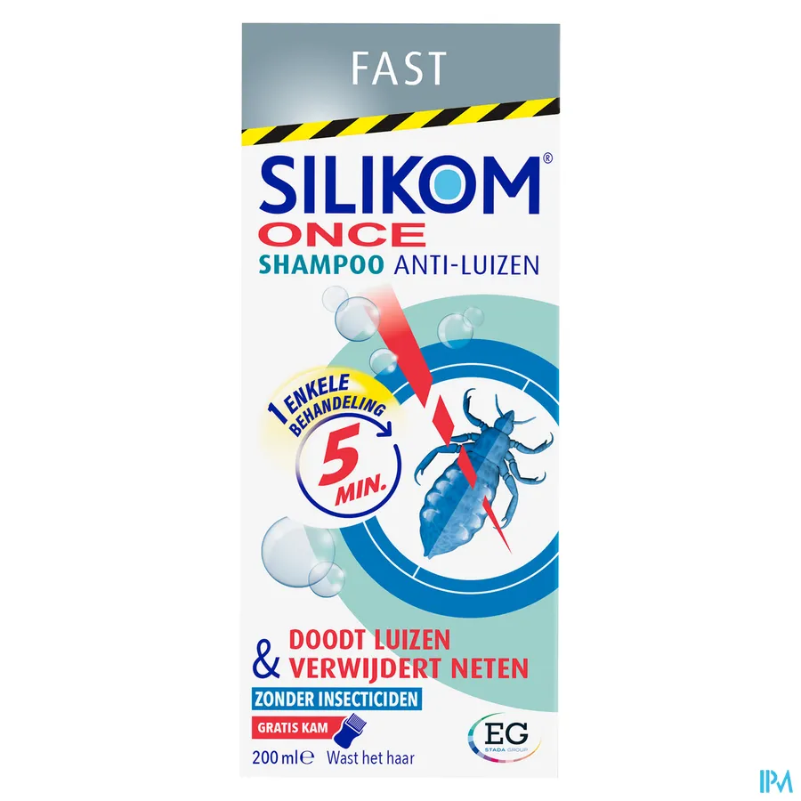packshot van Silikom Once Shampoo voor Vernietiging van Luizen en Verwijdering van Neten in 5 Minuten met Gratis Kam 200 ml