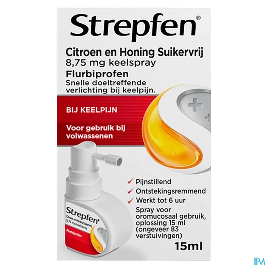packshot van Strepfen Spray voor Oromucosaal Gebruik voor Snelle en Doeltreffende Verlichting van Keelpijn met Honing- en Citroensmaak 15 ml