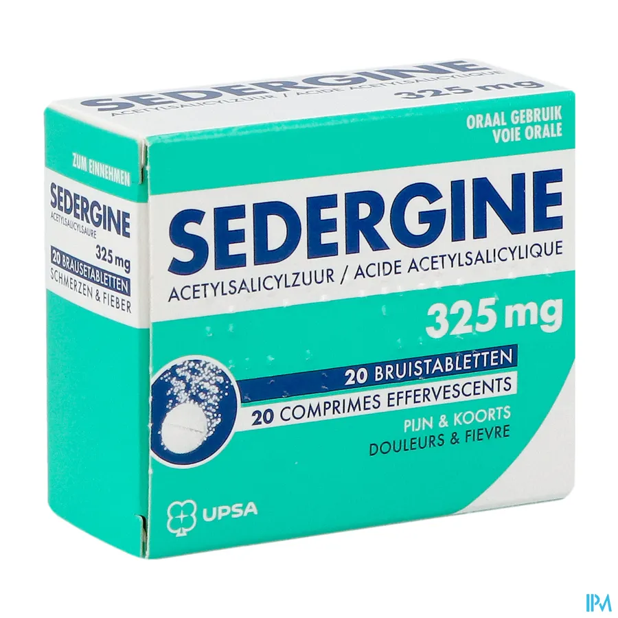 packshot van Sedergine -325 mg Acetylsalicylzuur- bij Pijn en Koorts 20 Bruistabletten
