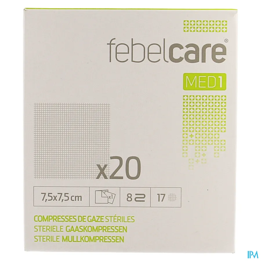 packshot van Febelcare Gaaskompres Steriel 7,5 x 7,5 cm 20 stuks