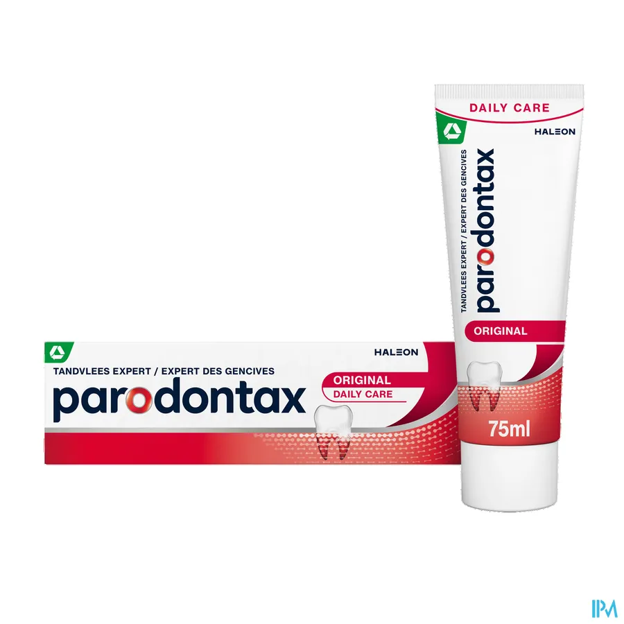 productshot van Parodontax Original mét Verbeterde Smaak -Dagelijkse Fluoride Tandpasta voor Gezond Tandvlees en Sterke Tanden - Helpt tegen en Voorkomt Bloedend Tandvlees- Tube 75 ml