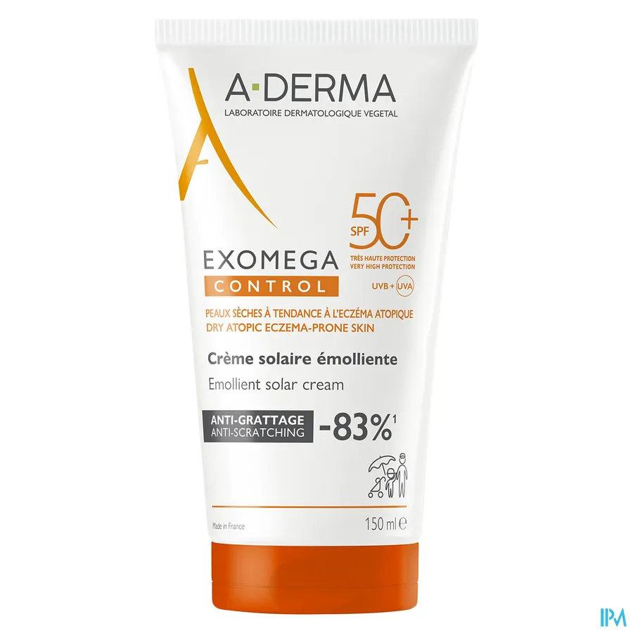 productshot van A-Derma Exomega Control Emolliërende Zonnecrème SPF 50+ 150 ml