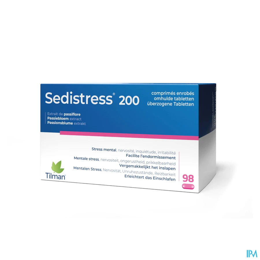 packshot van Sedistress 200 tegen Mentale Stress en Helpt bij Inslapen met Passiebloemextract 98 Tabletten