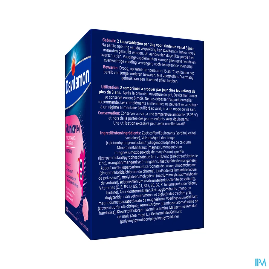 packshot van Davitamon Junior framboos 120 kauwtabletten