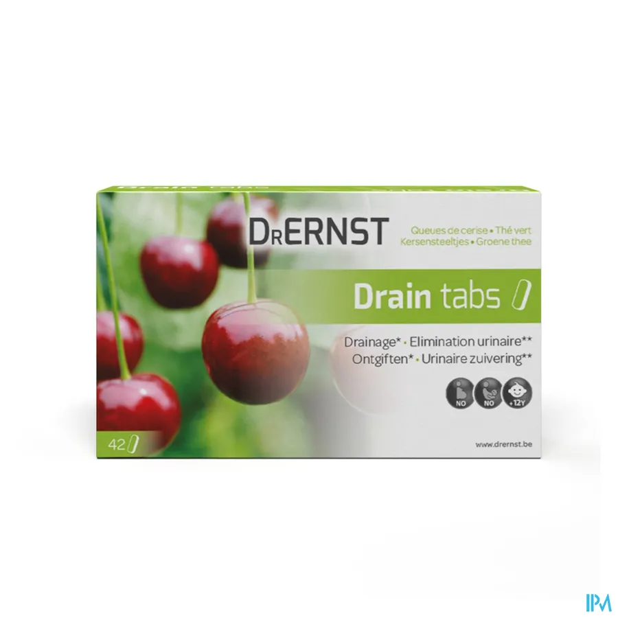 packshot van Dr Ernst Drain Tabs voor Drainering en Urinaire Zuivering met Kersensteeltjes en Groene Thee 42 Tabletten