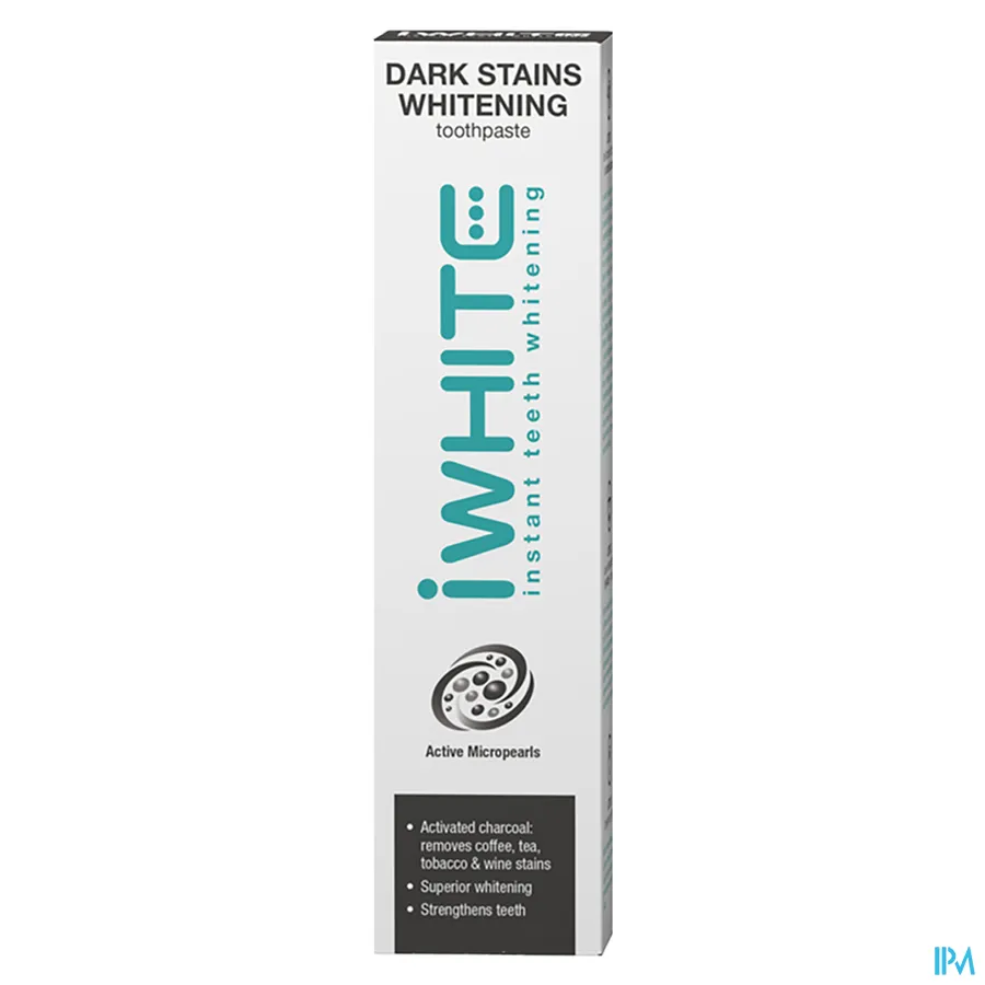 packshot van I White Dark Stains Whitening Tandpasta met Actieve Mircroparels met Geactiveerde Kool voor Verwijdering van Vlekken van Koffie, Thee, Tabak en Wijn Tube 75 ml