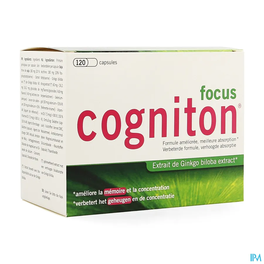 packshot van Cogniton Focus met Ginkgo Biloba Extract ter Ondersteuning van Geheugen en Concentratie 120 Capsules
