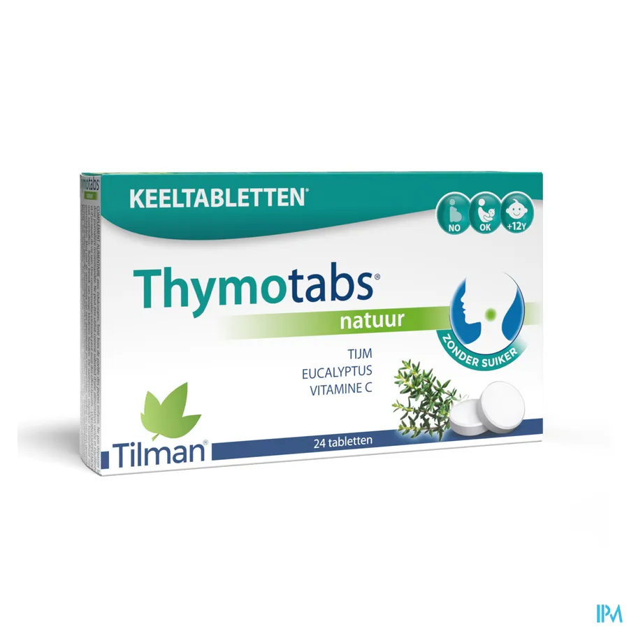 packshot van Thymotabs Natuur met Tijm en Eucalyptus en Vitamine C voor Keel Zonder Suiker 24 Zuigtabletten