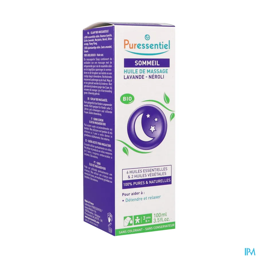 packshot van Puressentiel Bio-Massageolie Ontspanning  met Lavendel en Neroli 100 ml