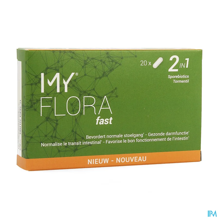 packshot van My Flora Fast voor Bevordering van Normale Stoelgang en Gezonde Darmfunctie 2 in 1 met Sporebiotica en Tormentil 20 Capsules