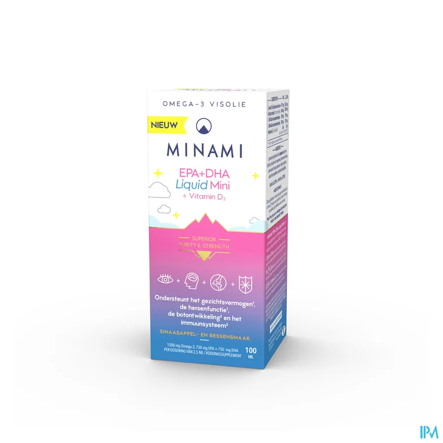 packshot van Minami Omega-3 Visolie EPA + DHA Liquid Mini + Vitamine D3 met Sinaasappel- en Bessensmaak 100 ml