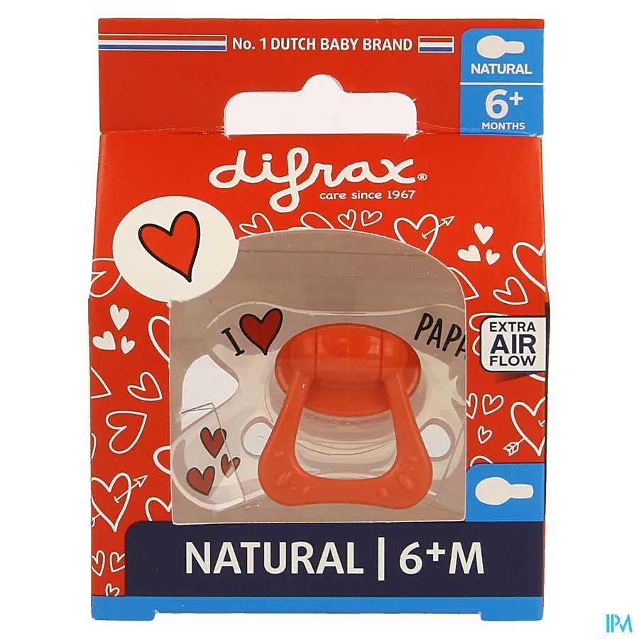 packshot van Difrax Fopspeen Natural I Love Papa/Mama 6+ 1 stuk