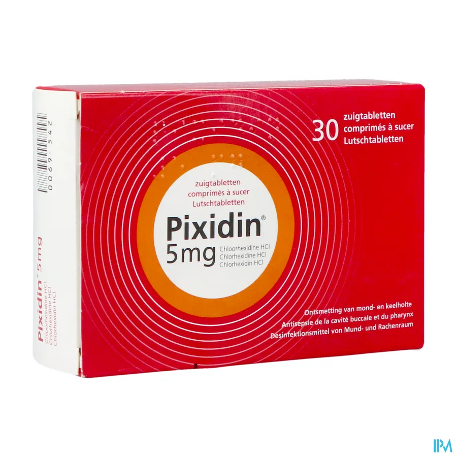 packshot van Pixidin 5 mg voor Ontsmetting van Mond- en Keelholte 30 Zuigtabletten